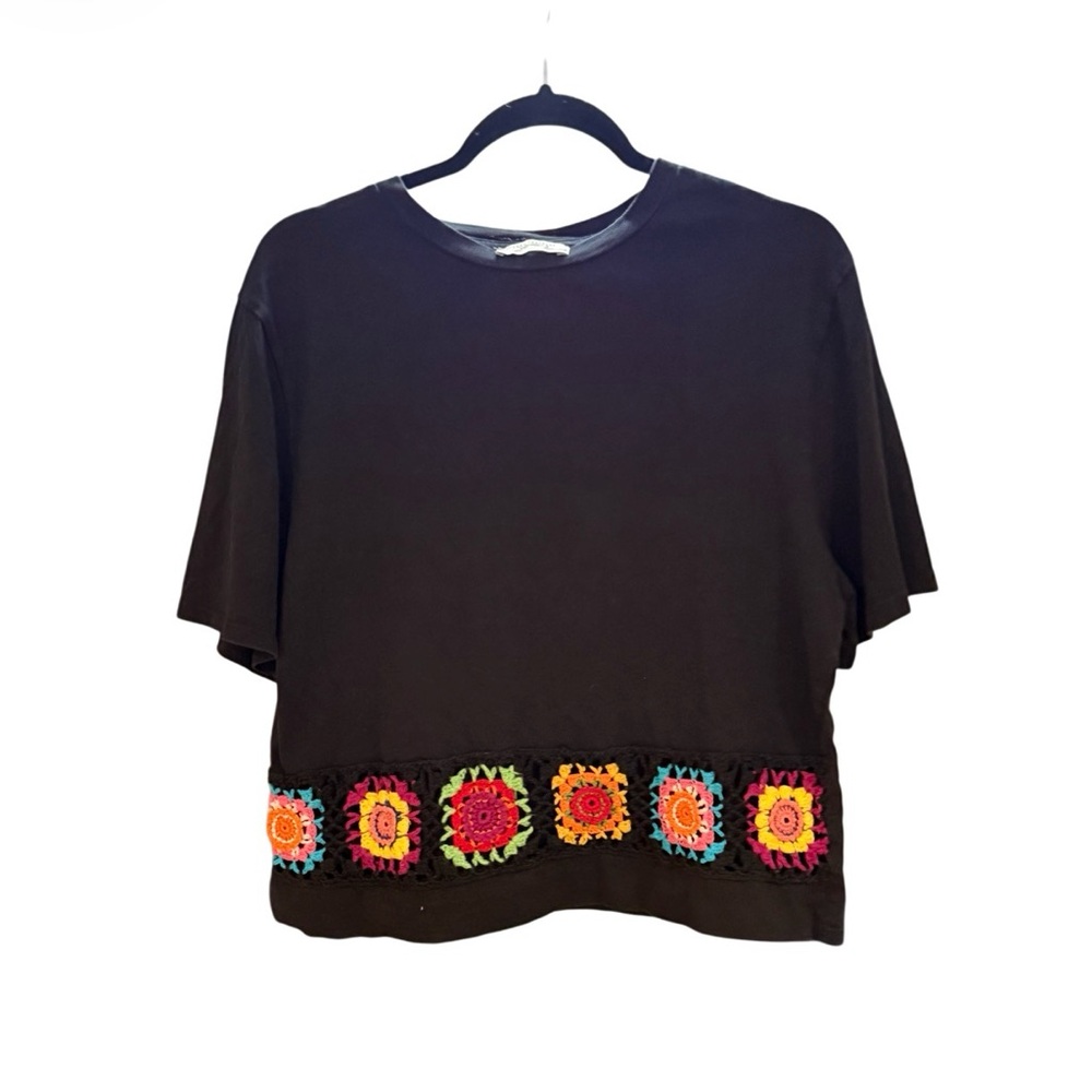 Zara Trafaluc Black Crop Top Colorful Crochet Trim Boho S - Picture 2 of 3
